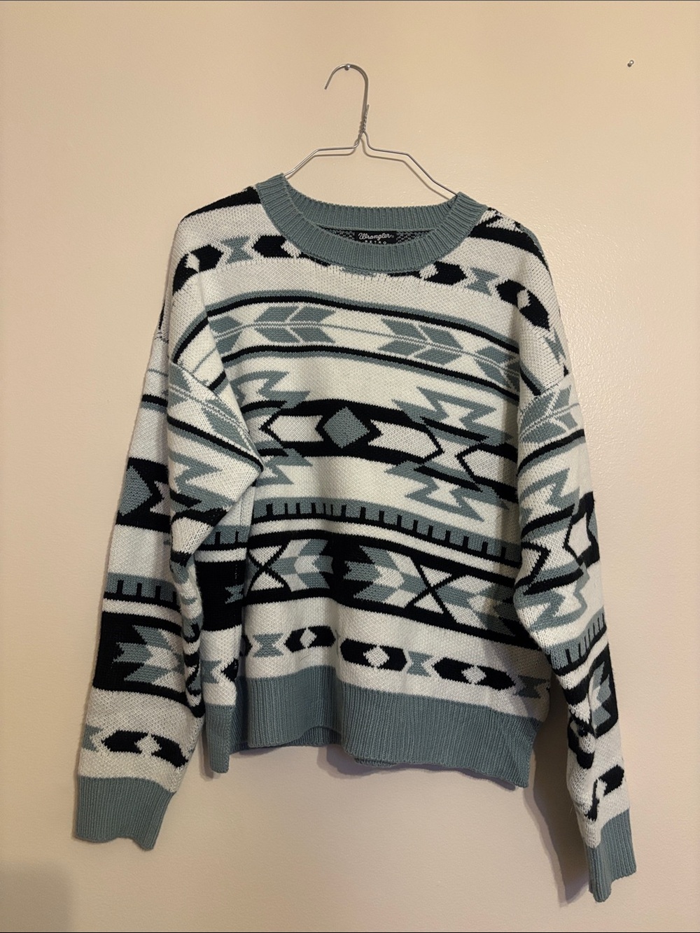 Aztec-Pattern Crewneck Sweater in Light Blue, White & Black